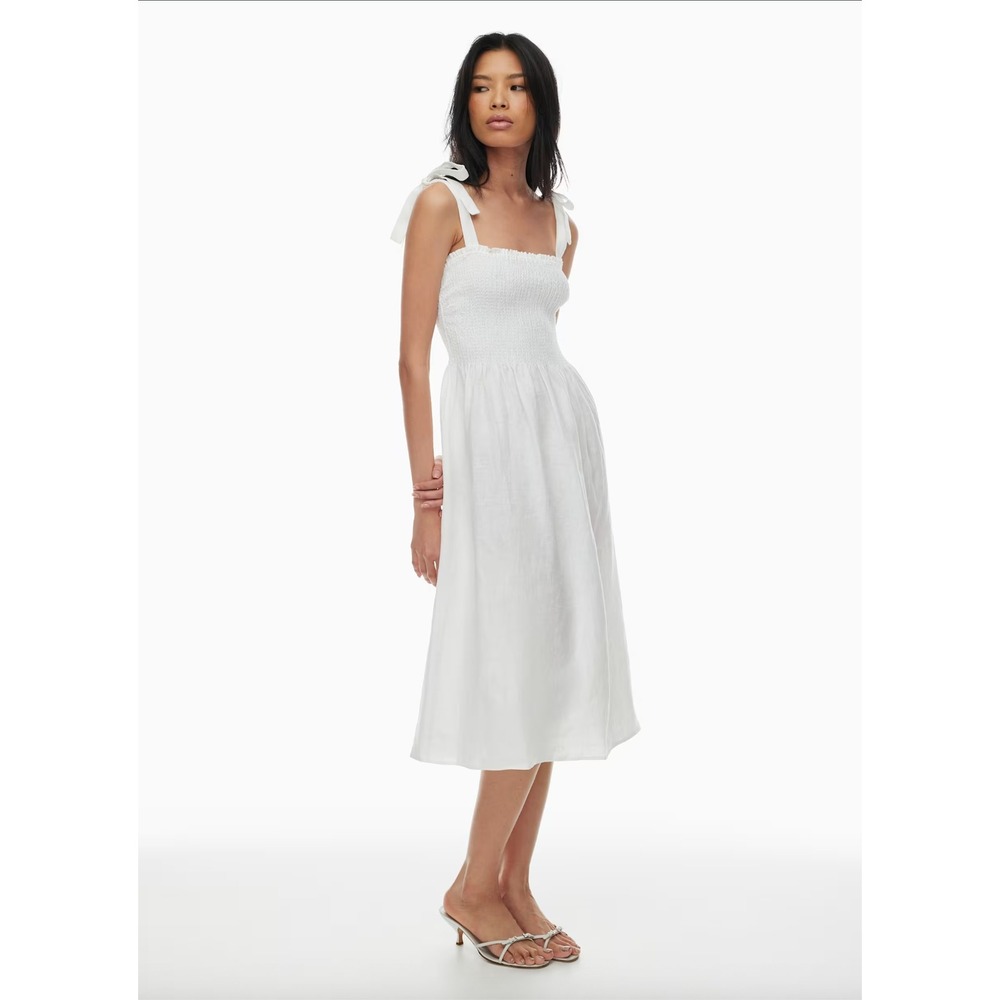 Wilfred Aritzia NWT Golden Hour Smocked Tie Shoulder Linen Midi Dress White S